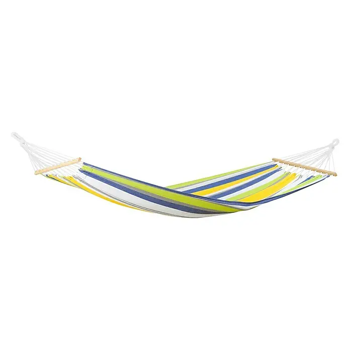 Amazonas Stabhängematte Tonga Kolibri - L x B: 310 x 100 cm, Grün/Weiß/Gelb/Blau - Hängematte mit bunten Streifen, die zum Entspannen einlädt. Die Hängematte ist mit Holzspreizstäben und Aufhängeseilen versehen.