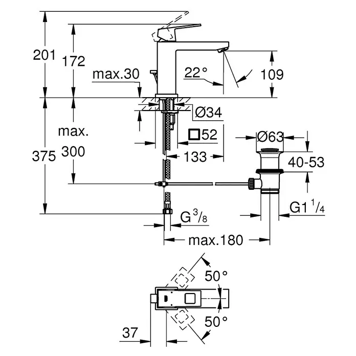 Grohe Eurocube Waschtischarmatur M-Size - Mit Zugstange, Chrom, Glänzend - Eine detaillierte Zeichnung des Wasserhahns mit allen Maßen, einschließlich Höhe, Ausladung und Anschlussgrößen.