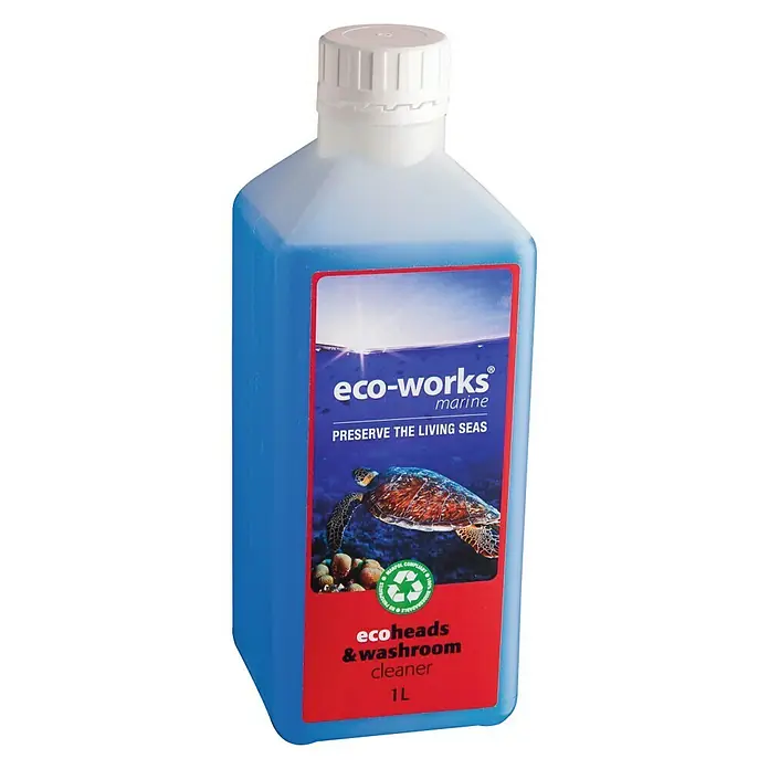 Limpiador de embarcaciones Ecowashroom - 1 l - Una botella azul de Eco-Works Marine eco-heads & washroom cleaner con una imagen de una tortuga marina en la etiqueta.