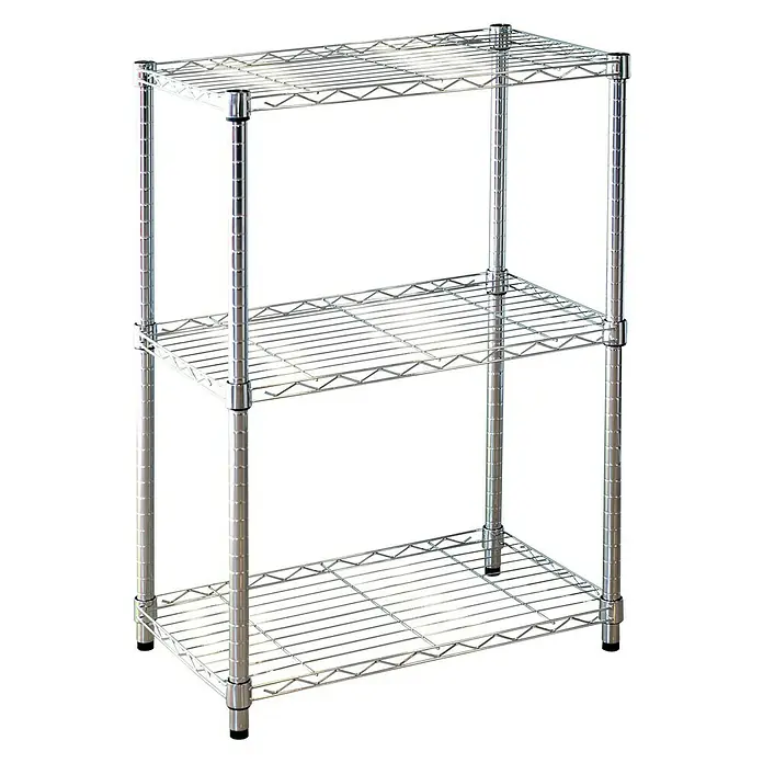 Estantería metálica Stylo - Al x An x Pr: 90 x 60 x 35 cm, Número de baldas: 3 ud., Inserción, Cromo - Imagen de una estantería cromada de tres estantes. Es un mueble de almacenamiento versátil y práctico.