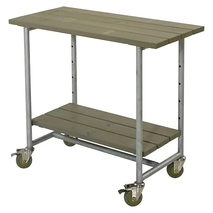 Plus Gartentisch / Pflanztisch Urban - 100 x 50 x 90 cm, Graubraun, 1 Boden - Grauer Servierwagen mit Holzablagen und Rollen. Vielseitiger und mobiler Wagen für Garten, Küche oder Werkstatt.
