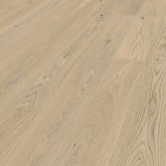 LOGOCLIC Parkett - Eiche Weiß, Landhausdiele, 2.200 x 180 x 11 mm - Ein helles, natürliches Eichenparkett mit subtilen Maserungen, das Wärme und Eleganz in jeden Raum bringt. Die Holzoberfläche ist fein bearbeitet.