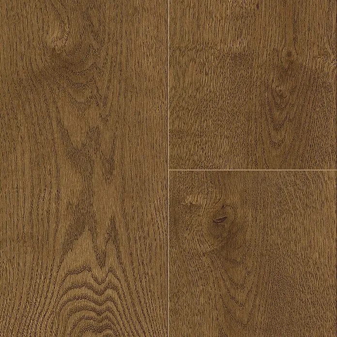LOGOCLIC Parkett - Eiche Mocca versiegelt matt, Landhausdiele, 2.200 x 180 x 11 mm - Nahaufnahme von Laminatbodenfliesen in warmen Brauntönen mit sichtbarer Holzmaserung und glatter Oberfläche.