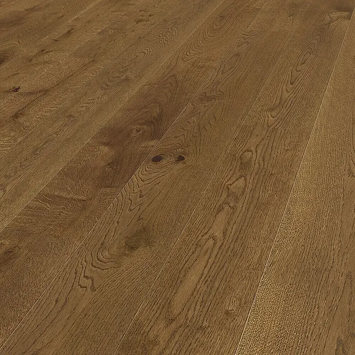 LOGOCLIC Parkett - Eiche Mocca versiegelt matt, Landhausdiele, 2.200 x 180 x 11 mm - Nahaufnahme von Parkettboden mit Maserung in warmen Brauntönen.