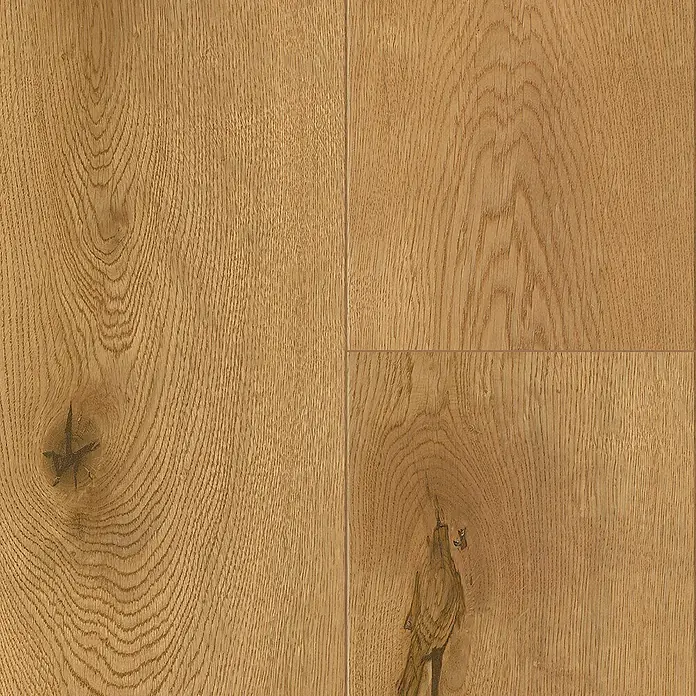 LOGOCLIC Parkett - Eiche versiegelt matt, Landhausdiele, 2.200 x 180 x 11 mm - Holzfußboden aus Eiche: Detailaufnahme von vier Dielen mit natürlicher Maserung und Astlöchern, ideal für rustikale Innenräume.