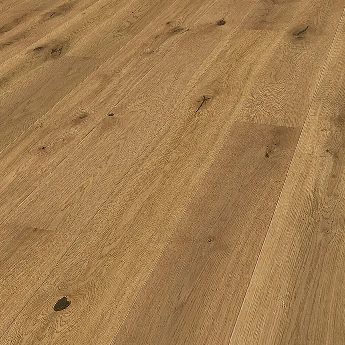 LOGOCLIC Parkett - Eiche versiegelt matt, Landhausdiele, 2.200 x 180 x 11 mm - Ansicht von hellbraunem Laminatboden mit Astlöchern. Die natürliche Textur des Laminats sorgt für einen rustikalen und warmen Look.