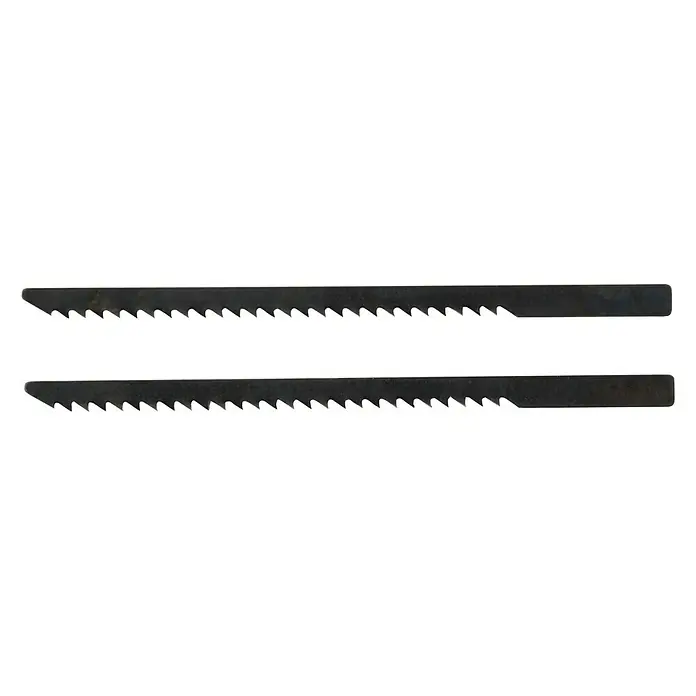 Proxxon Juego de hojas de sierra de calar 28054 - Acero especial, 57 x 2,9 mm - Imagen de dos hojas de sierra de marquetería. Las hojas son afiladas y diseñadas para cortes precisos, son robustas.