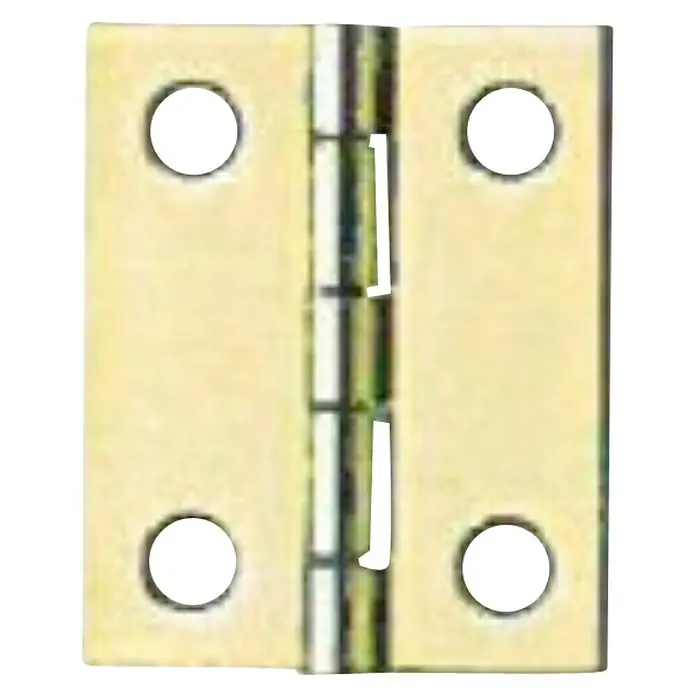 Suki Bisagra - L x An: 38 x 32 mm, Latón - Primer plano de una bisagra de puerta dorada con cuatro orificios para tornillos y un pasador brillante en el medio.