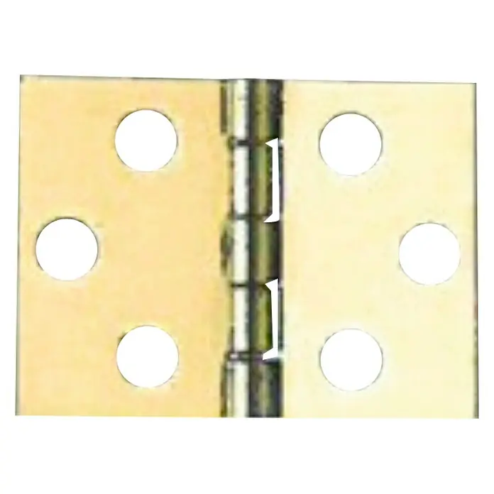 Suki Bisagra - L x An: 38 x 51 mm, Latón - Primer plano de una bisagra de puerta dorada con seis orificios para su fijación a puerta y marco.