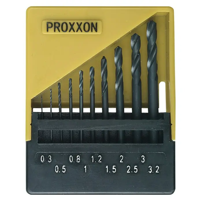 Proxxon Juego de brocas en espiral N.º 28874 - Apto para: Metal, 10 ud. - Juego de brocas Proxxon con varias medidas en envase de plástico amarillo y negro.