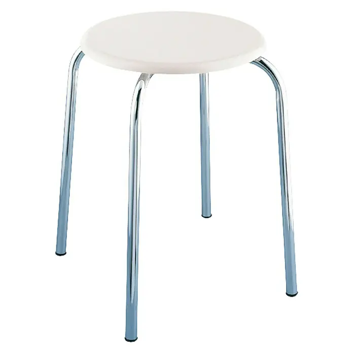 Taburete de baño - Blanco, Cromado, Redonda, Diámetro: 32 cm, Altura: 42,5 cm - Taburete blanco con patas cromadas. El taburete tiene un asiento redondo y es perfecto para la cocina o el bar.