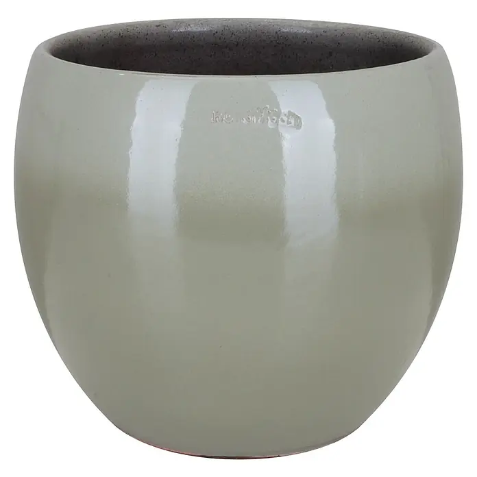 A.H.G. Übertopf rund Luxa - Außenmaß (Ø x H): 28 x 26 cm, Salbei, Keramik, Glänzend - Ein glänzender, runder Pflanztopf in einem sanften Grauton mit dunklem Rand, der eine elegante und moderne Ausstrahlung verleiht.