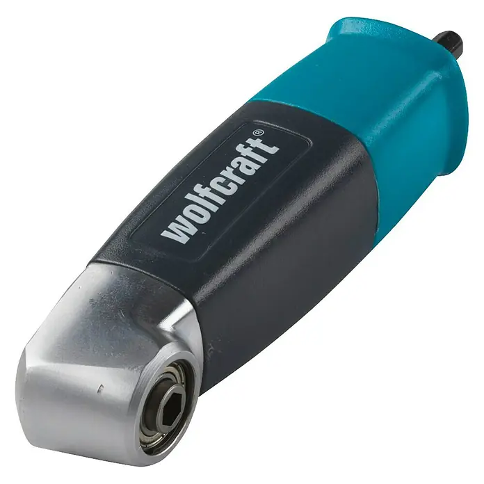 Wolfcraft Winkelgetriebe - Durchmesser Schaft: ¼″ Hex, Max. Drehzahl: 400 U/min - Das Bild zeigt einen Winkelkopf von Wolfcraft, ein praktisches Werkzeug für Schraubarbeiten an schwer zugänglichen Stellen.