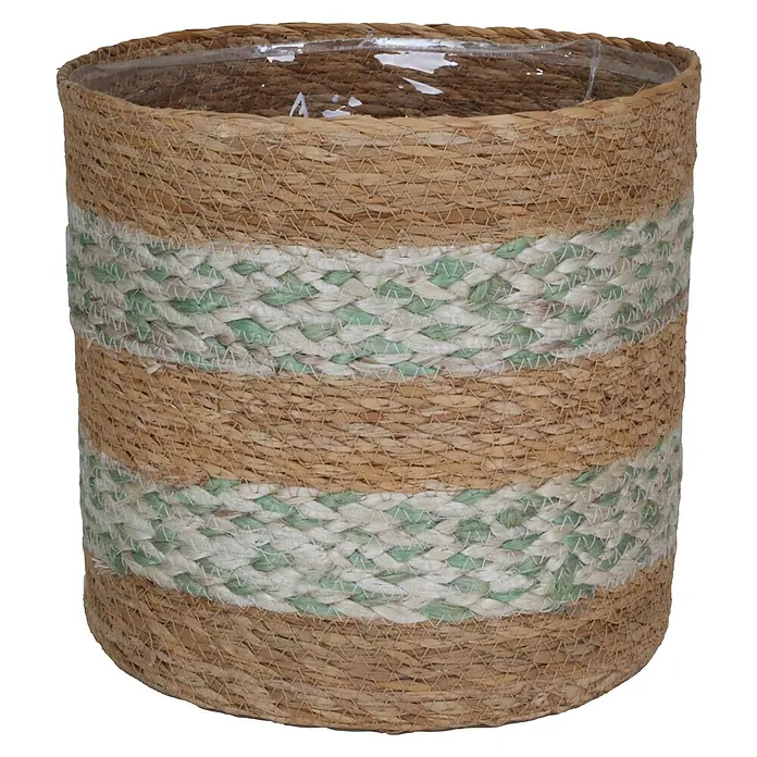 Pflanzkorb Seegras - Außenmaß (Ø x H): 18 x 18 cm, Kunststoff, Natur/Salbei - Stilvoller Übertopf aus Naturfasern mit dekorativen grünen und weißen Akzentstreifen, perfekt für Zimmerpflanzen und als Wohnaccessoire.