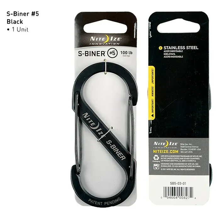 Nite Ize Mosquetón doble - 111 x 49 mm, Acero inoxidable, Negro, Carga soportada: 45 kg - El Nite Ize S-Biner #5 en negro, un mosquetón de doble compuerta para organizar, conectar, llevar llaves y asegurar objetos de hasta 45 kg.