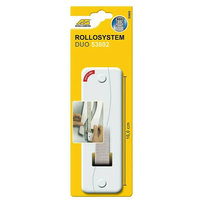 Schellenberg Embellecedor 53802 - L x An x Al: 210 x 64 x 9 mm, Plástico, Blanco - Imagen de un enrollador de correa de persiana Schellenberg RolloSystem Duo 53802 en blanco, empaquetado en cartón amarillo.