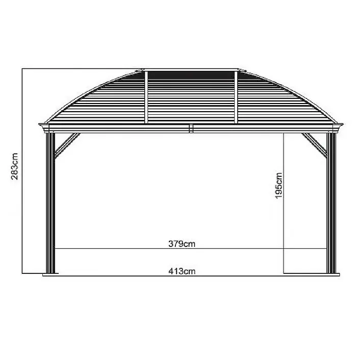 Sojag Standard-Pavillon Moreno 10 x 14 - B x T: 423 x 298 cm, Farbe Gestell: Anthrazit, Aluminium - Abbildung eines Pavillons mit den Maßen 283 cm Höhe, 413 cm Länge und 379 cm Breite. Die Durchgangshöhe beträgt 195 cm.
