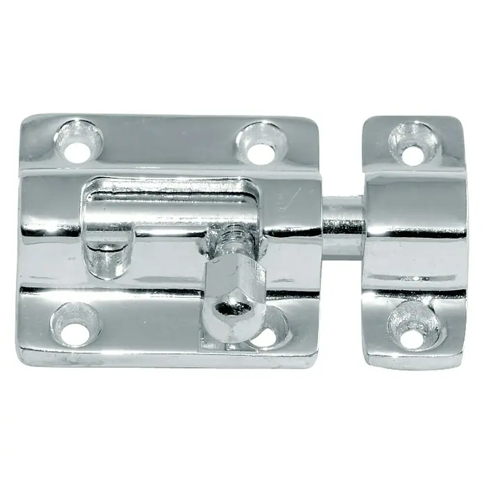 Micel Pestillo 44245 - L x An: 45 x 26 mm - Imagen de un cerrojo deslizante brillante de color plateado con fijación de tornillo. Ideal para bloquear puertas y ventanas de forma segura.
