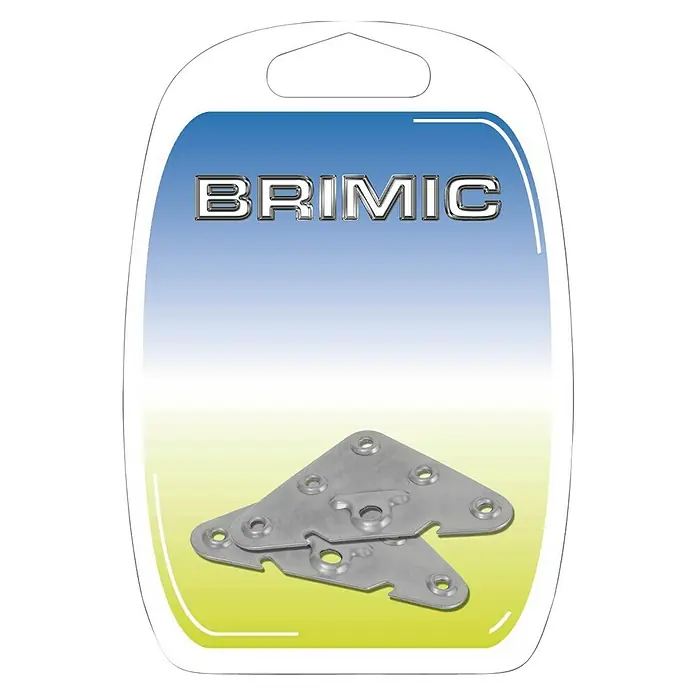 Micel Brimic Pletina de ensamblaje CG7 - 2 ud., Zincado - Primer plano del hardware del conector BrimiC en un embalaje transparente. Los conectores son metálicos y tienen forma triangular.