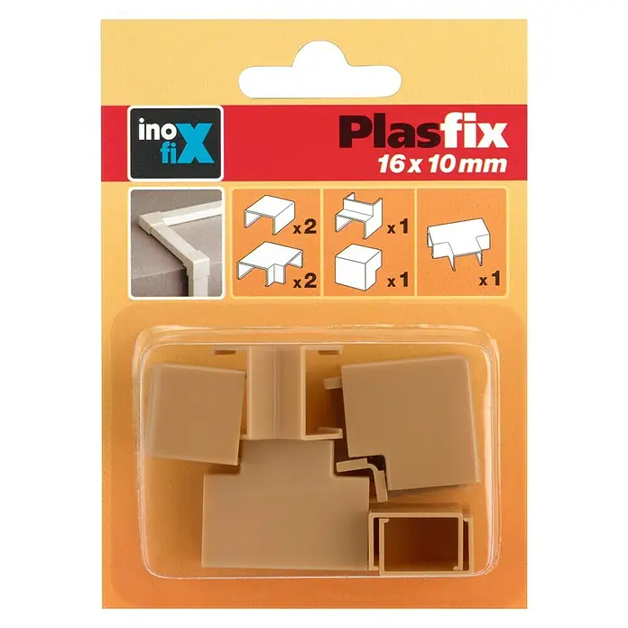 Inofix Plasfix Kit de accesorios para canaleta - Roble, An x Al: 1,6 x 1 cm, 7 ud. - Imagen de un paquete de accesorios para canalizaciones Plastfix (16x10mm) que incluye varios conectores de esquina y tapones en beige.