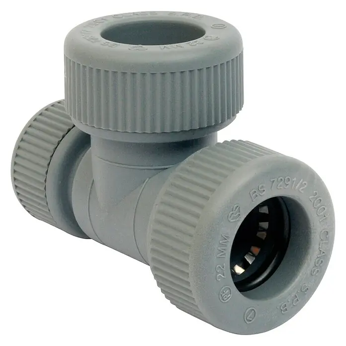 Pieza T reductora PB - 22 mm - 15 mm, Características del diseño: 22 x 22 x 15 mm - Conexión en T de plástico gris para tubos, adecuada para fontanería y conducciones de agua, con conexiones roscadas moleteadas.