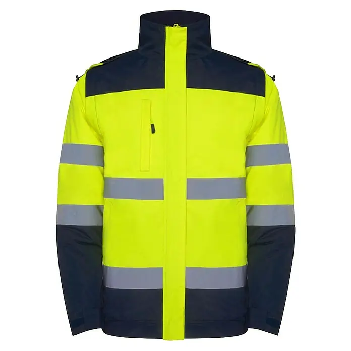 Chaqueta de alta visibilidad Epsylon - M, Amarillo flúor/Azul - Chaqueta amarilla de alta visibilidad con detalles azul marino, bandas reflectantes y bolsillos prácticos para una visibilidad y seguridad óptimas.