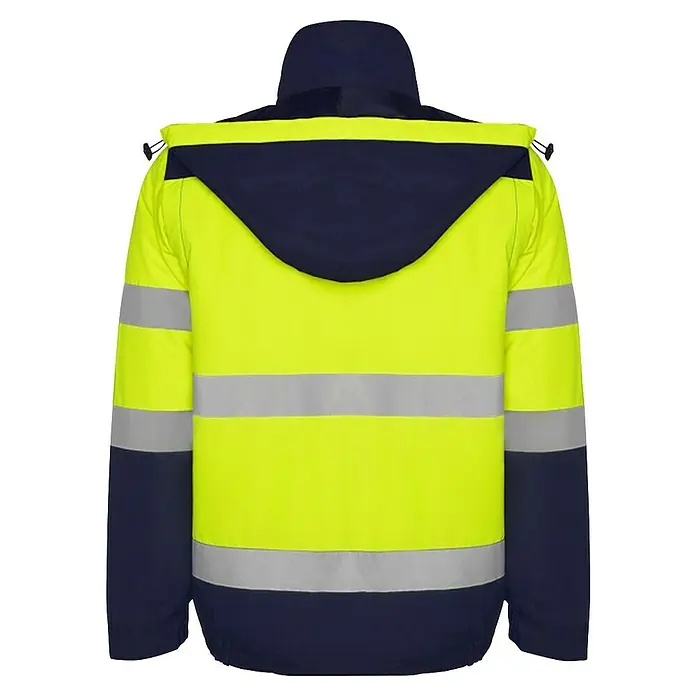 Chaqueta de alta visibilidad Epsylon - M, Amarillo flúor/Azul - Vista posterior de una chaqueta amarilla de alta visibilidad con rayas reflectantes y capucha azul marino para mayor visibilidad y seguridad.