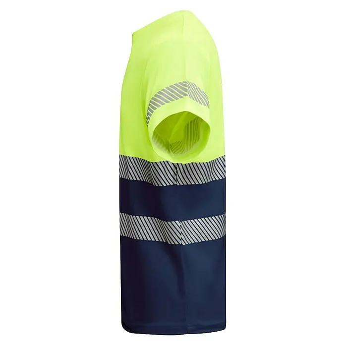 Camiseta alta visibilidad Tauri - XXXL, Amarillo/Azul - Esta imagen muestra una camiseta de alta visibilidad en amarillo y azul oscuro con rayas reflectantes para mayor visibilidad. Ideal para trabajos al aire libre.