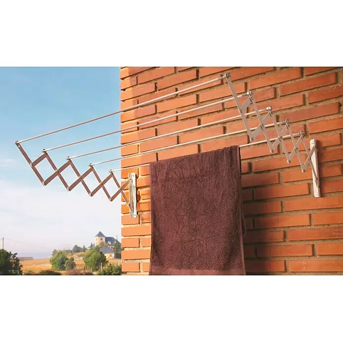 Tendedero de pared extensible - Longitud cuerda de tender: 9 m, Ancho: 180 cm, Blanco - Tendedero extensible para montaje en pared con toalla marrón para secar en el balcón.