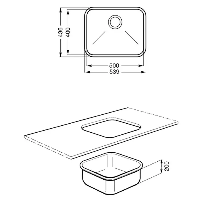 Smeg Fregadero encastrable UM 50 - 43,6 x 53,9 cm, Acero inoxidable - Se muestra un dibujo técnico de un fregadero cuadrado con dimensiones 539 x 436 mm y una papelera con una altura de 200 mm.