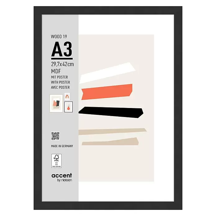 Accent Holzrahmen Wood - DIN A3/29,7 x 42 cm, Schwarz - Schwarzer MDF-Bilderrahmen mit abstraktem Poster, A3-Größe.