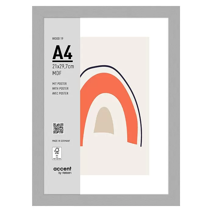 Accent Holzrahmen Wood - DIN A4/21 x 29,7 cm, Silber - Grauer MDF-Bilderrahmen (A4, 21x29,7cm) mit Holzmaserung und Poster, von accent by nielsen.