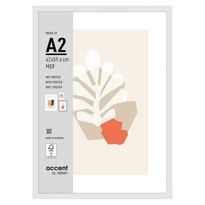 Accent Holzrahmen Wood - DIN A2/42 x 59,4 cm, Weiß - Weißer A2 MDF-Bilderrahmen von Accent by Nielsen mit abstraktem Poster.