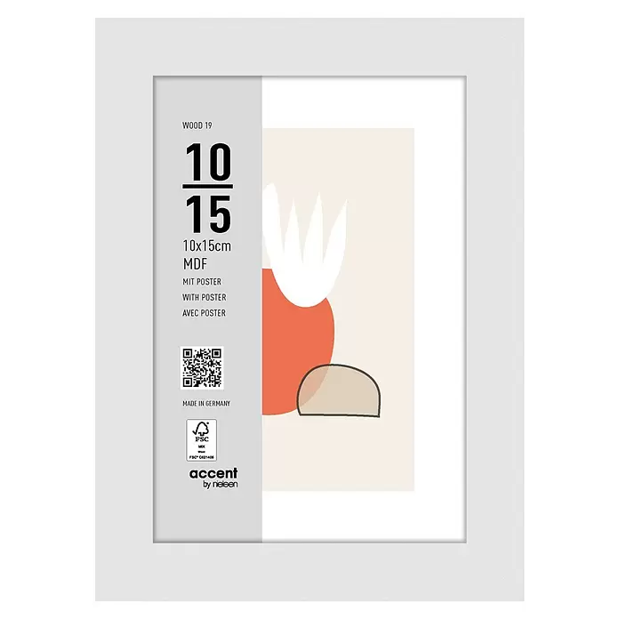 Accent Holzrahmen Wood - 10 x 15 cm, Weiß - Weißer MDF-Bilderrahmen (10x15cm) mit modernem Design und enthaltenem Platzhalterposter.