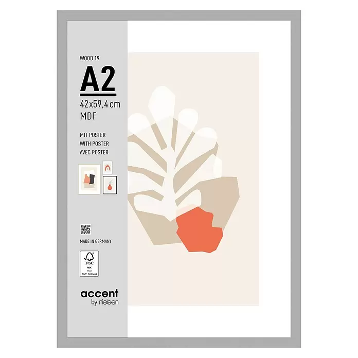 Accent Holzrahmen Wood - DIN A2/42 x 59,4 cm, Silber - Grauer MDF-Bilderrahmen A2 (42x59,4 cm) 'WOOD 19' mit abstraktem Pflanzenposter.
