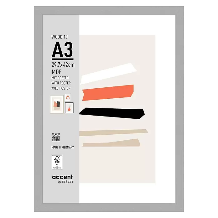 Accent Holzrahmen Wood - DIN A3/29,7 x 42 cm, Silber - Hellgrauer A3 MDF-Bilderrahmen (29,7x42cm) mit enthaltenem abstraktem Poster.