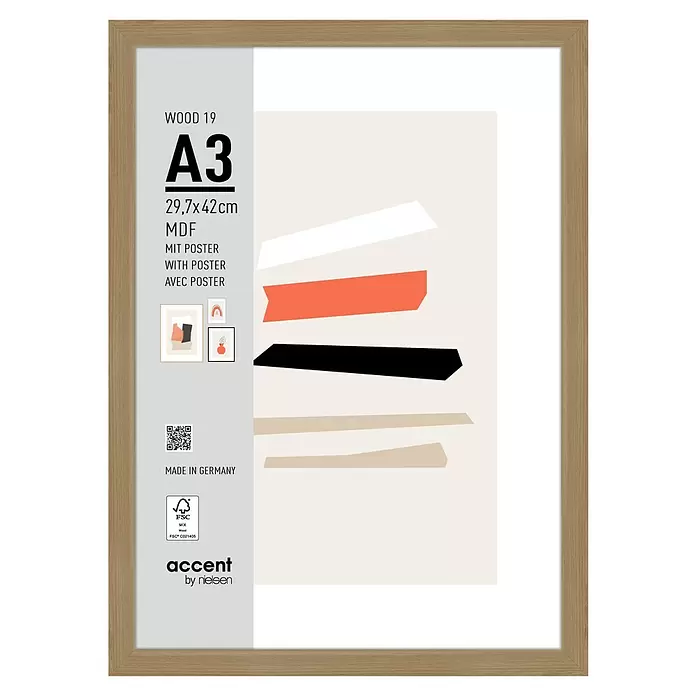 Accent Holzrahmen Wood - DIN A3/29,7 x 42 cm, Eiche - Natürlicher Holz A3 MDF Bilderrahmen, 29,7x42cm, inklusive Poster.