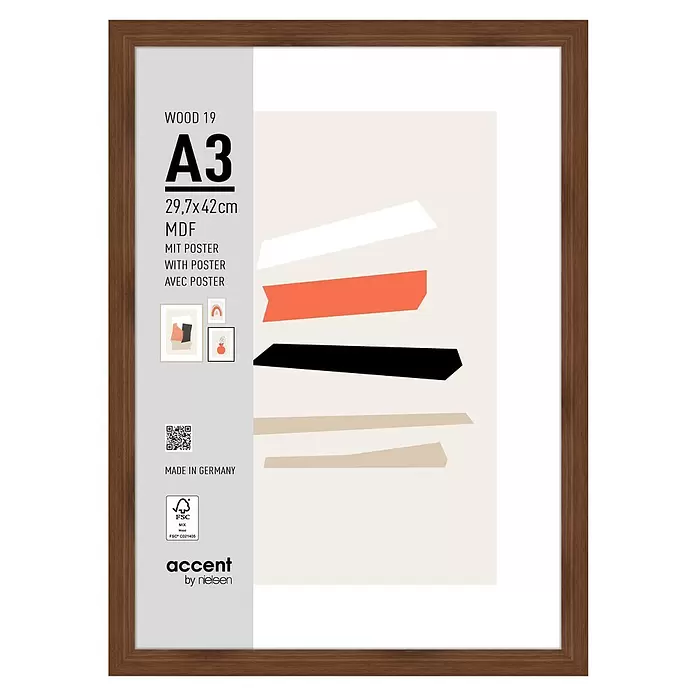 Accent Holzrahmen Wood - DIN A3/29,7 x 42 cm, Nussbaum - Dunkelbrauner A3-Bilderrahmen aus MDF-Holz, inklusive abstraktem Poster.