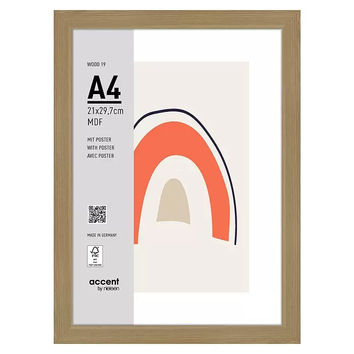 Accent Holzrahmen Wood - DIN A4/21 x 29,7 cm, Eiche - Bilderrahmen in heller Holzoptik für A4 (21x29,7cm) Poster, aus FSC-zertifiziertem MDF. Inklusive Poster.