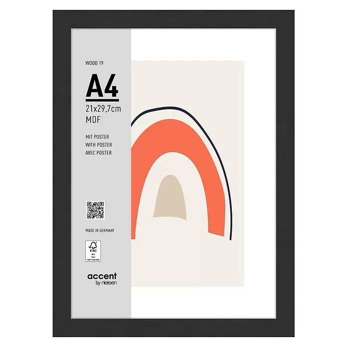 Accent Holzrahmen Wood - DIN A4/21 x 29,7 cm, Schwarz - Schwarzer A4 MDF Bilderrahmen mit abstraktem Poster in Orange, Blau und Beige.