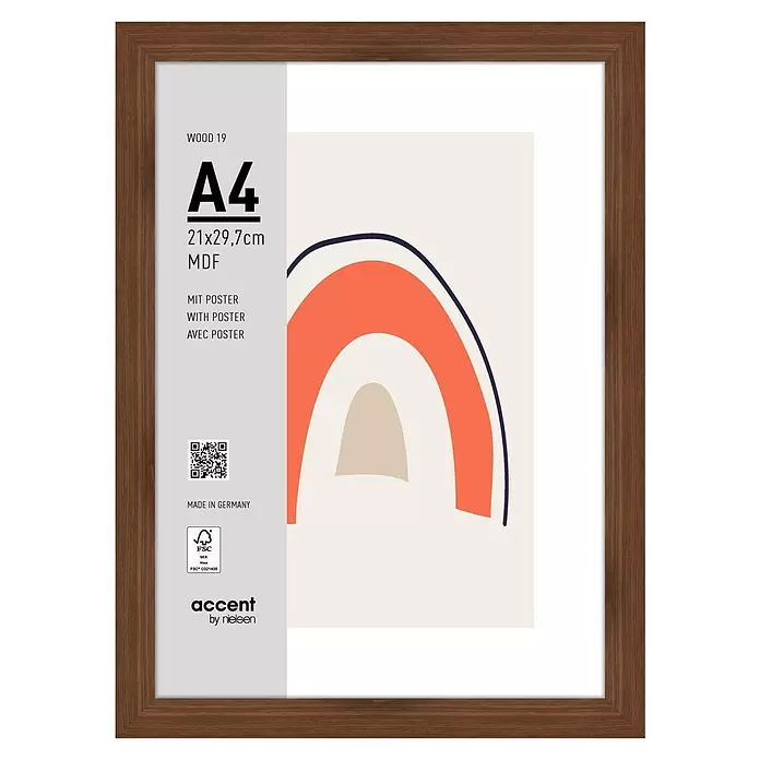 Accent Holzrahmen Wood - DIN A4/21 x 29,7 cm, Nussbaum - Brauner A4 Holzbilderrahmen mit abstraktem Poster (orange/beige Bögen) und Produktinformationen.