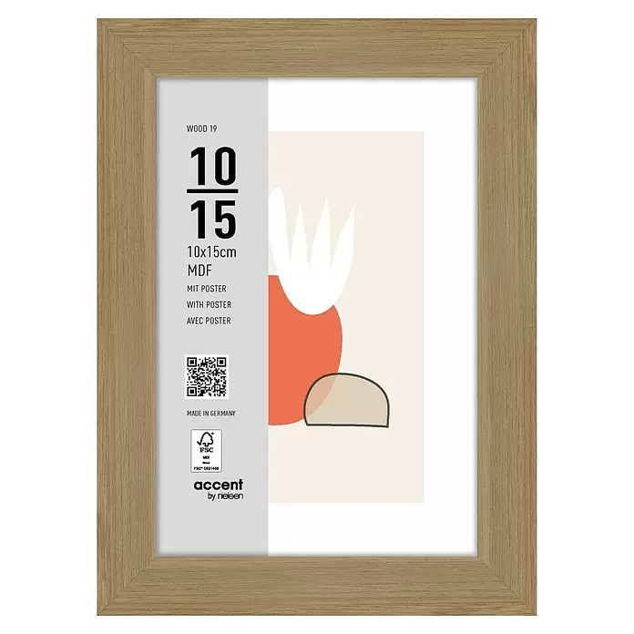 Accent Holzrahmen Wood - 10 x 15 cm, Eiche - Heller Holzbilderrahmen (MDF) in 10x15cm mit abstraktem Poster.