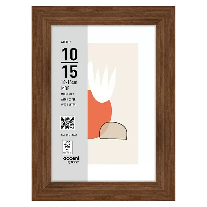 Accent Holzrahmen Wood - 10 x 15 cm, Nussbaum - Brauner Holzbilderrahmen mit Poster, 10x15cm.