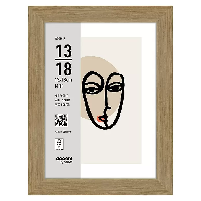 Accent Holzrahmen Wood - 13 x 18 cm, Eiche - Hellbrauner MDF-Bilderrahmen, 13x18cm, mit Poster.
