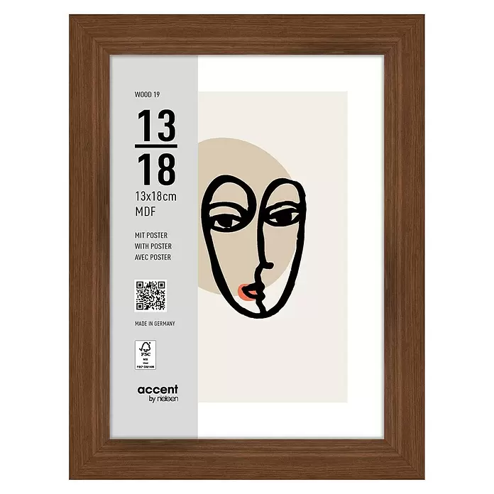 Accent Holzrahmen Wood - 13 x 18 cm, Nussbaum - Brauner Holzbilderrahmen mit abstraktem Kunstdruck (Gesichtsillustration), Größe 13x18cm.