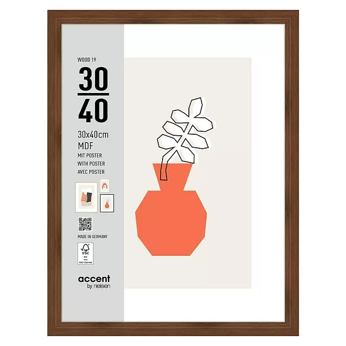Accent Holzrahmen Wood - 30 x 40 cm, Nussbaum - Brauner Bilderrahmen aus MDF in Holzoptik, 30x40cm, mit minimalistischem Kunstdruck einer Pflanze in roter Vase.