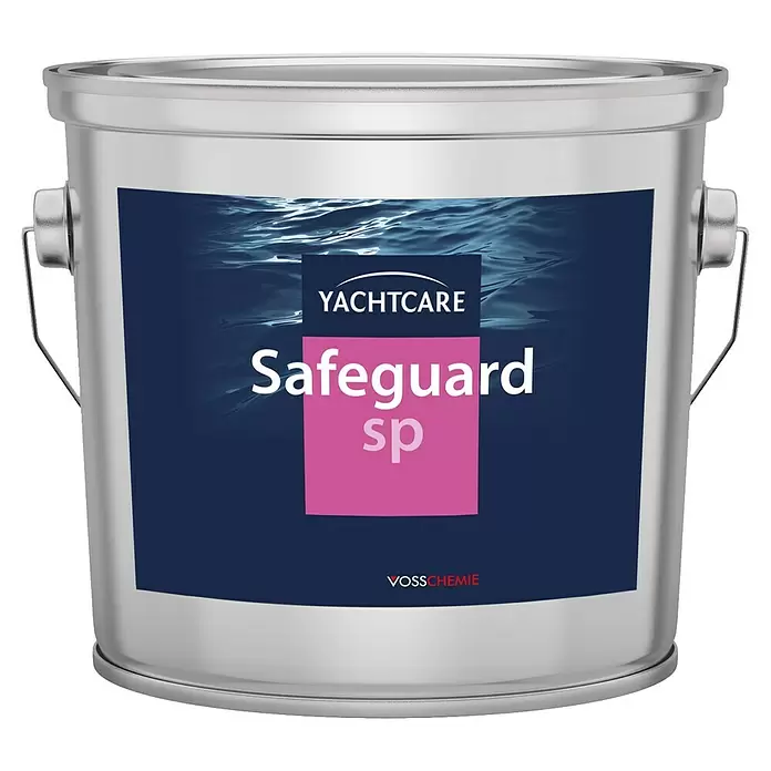 Yachtcare Bewuchsschutz Safeguard SP - 2,5 l, Blau - Silberner Metall-Farbeimer mit blauem Etikett, das „YACHTCARE Safeguard sp“ und eine Wassertextur zeigt.