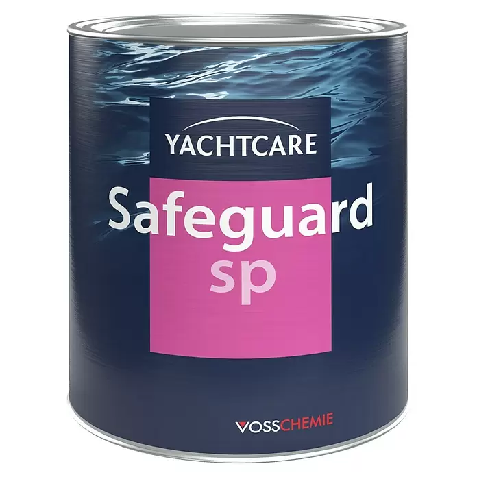 Yachtcare Bewuchsschutz Safeguard SP - 0,75 l, Blau - Metallfarbdose mit dunkelblauem Etikett und Wasserwellen. Schriftzug: 'YACHTCARE', 'Safeguard sp' auf pinkem Block, und 'VOSSCHEMIE'.