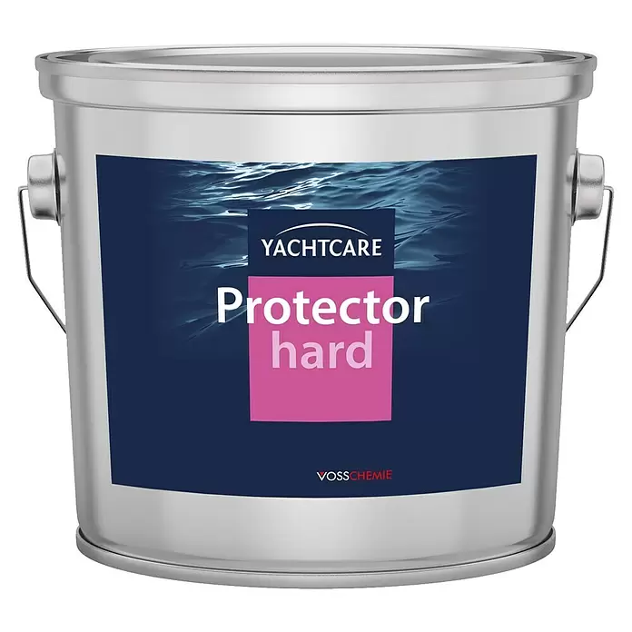 Yachtcare Bewuchsschutz Protector Hard - 2,5 l, Schwarz - Silberner Metall-Farbeimer mit blauem Etikett, das 'YACHTCARE Protector hard' und eine Wassergrafik zeigt.