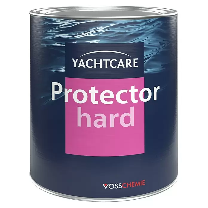 Yachtcare Bewuchsschutz Protector Hard - 0,75 l, Schwarz - Dunkelblaue Metall-Dose YACHTCARE Protector hard mit rosa Etikett und Wellenmuster oben.